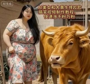 AI美女和大黄牛摔跤搞笑荒诞视频制作教程，快速涨千粉万粉-木石资源网